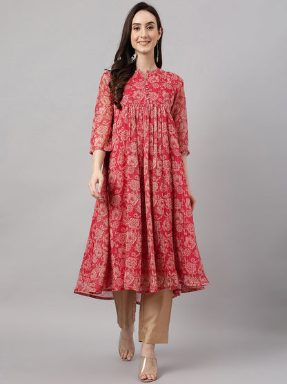 Janasya Women's Dark Pink Chiffon Lurex Floral Printed flared Kurta