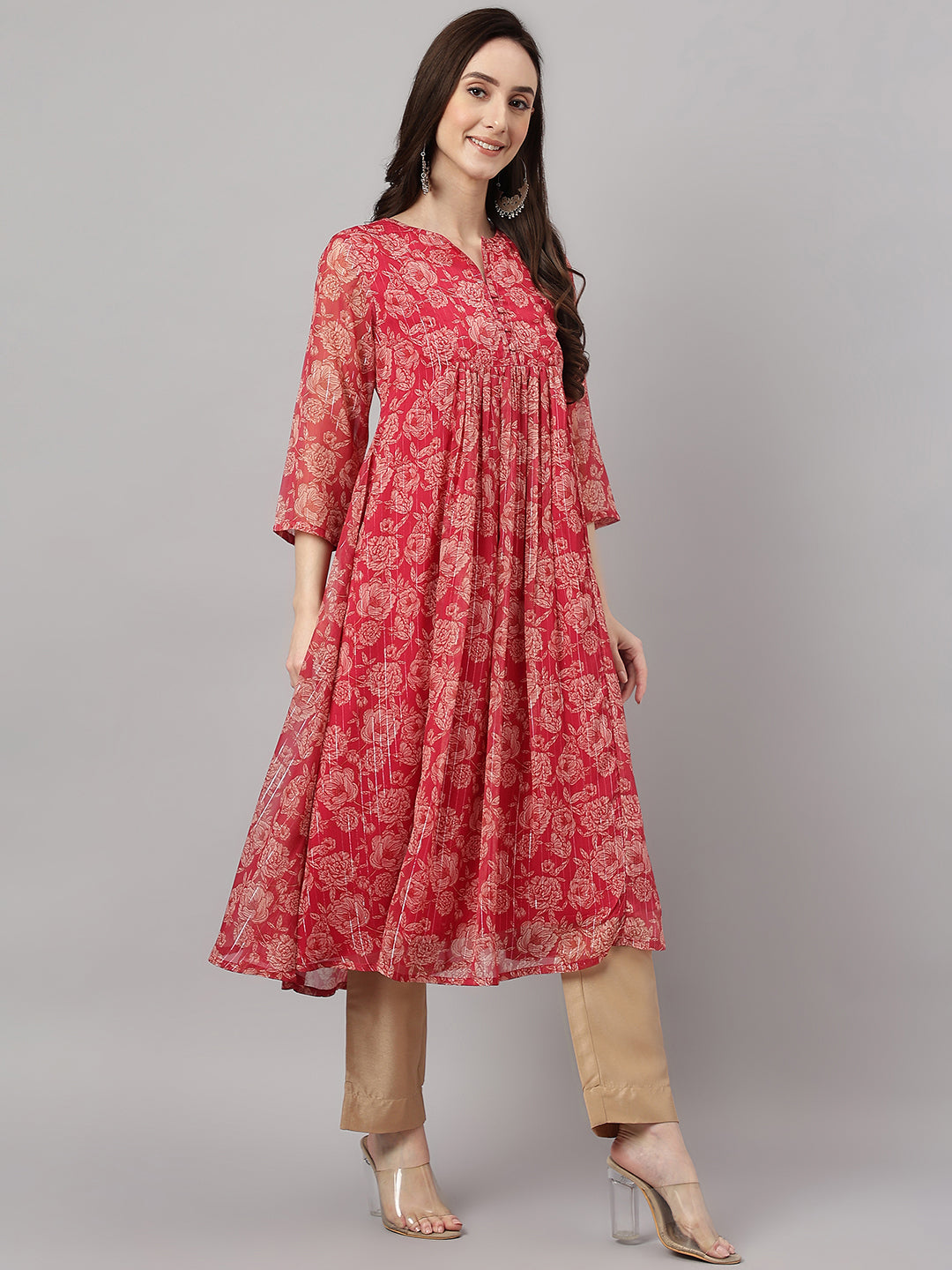 Janasya Women's Dark Pink Chiffon Lurex Floral Printed flared Kurta