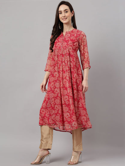 Janasya Women's Dark Pink Chiffon Lurex Floral Printed flared Kurta