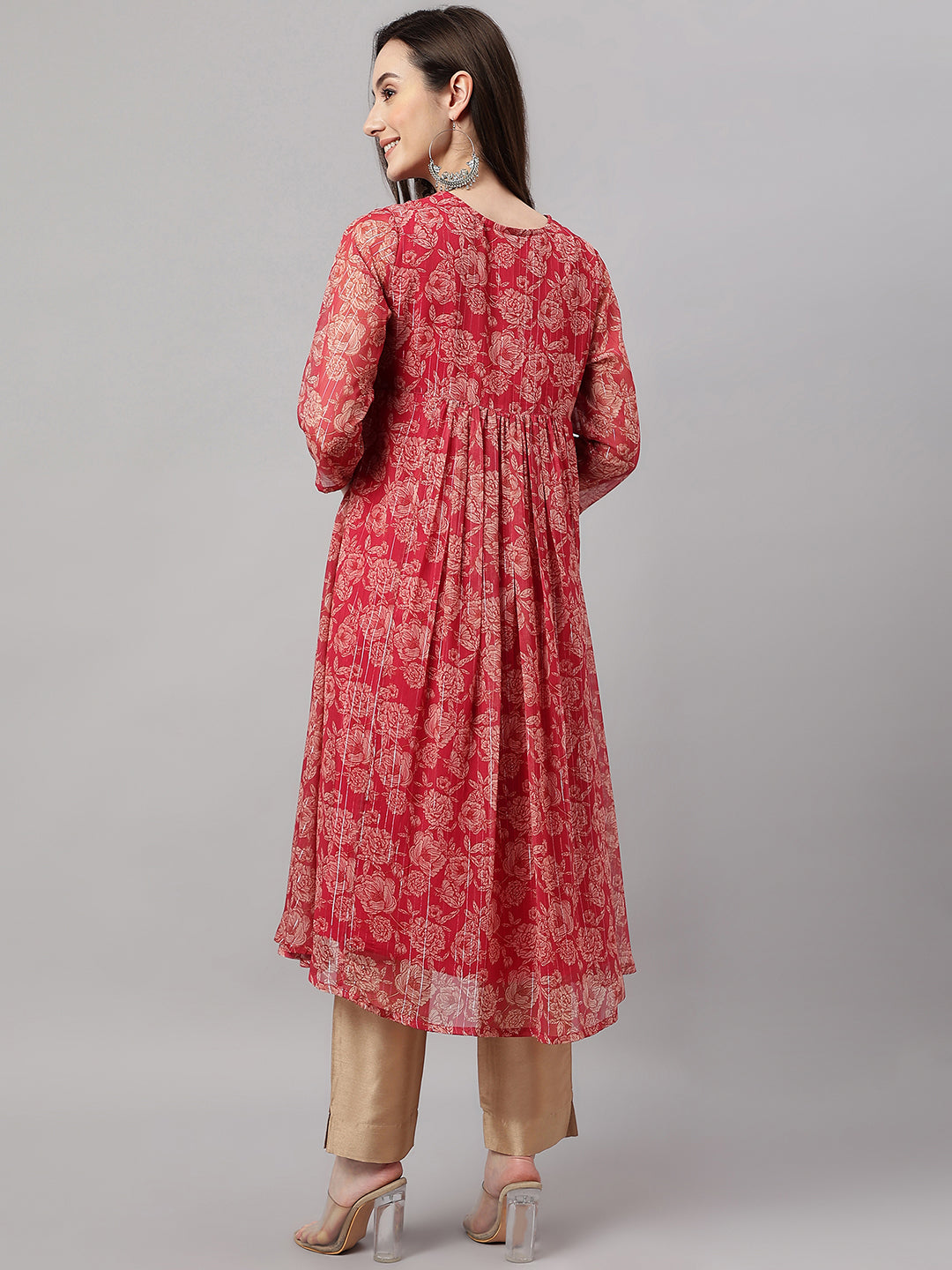 Janasya Women's Dark Pink Chiffon Lurex Floral Printed flared Kurta