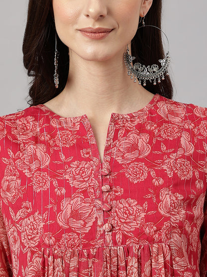 Janasya Women's Dark Pink Chiffon Lurex Floral Printed flared Kurta
