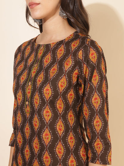 Brown Cotton Printed Straight Kurta