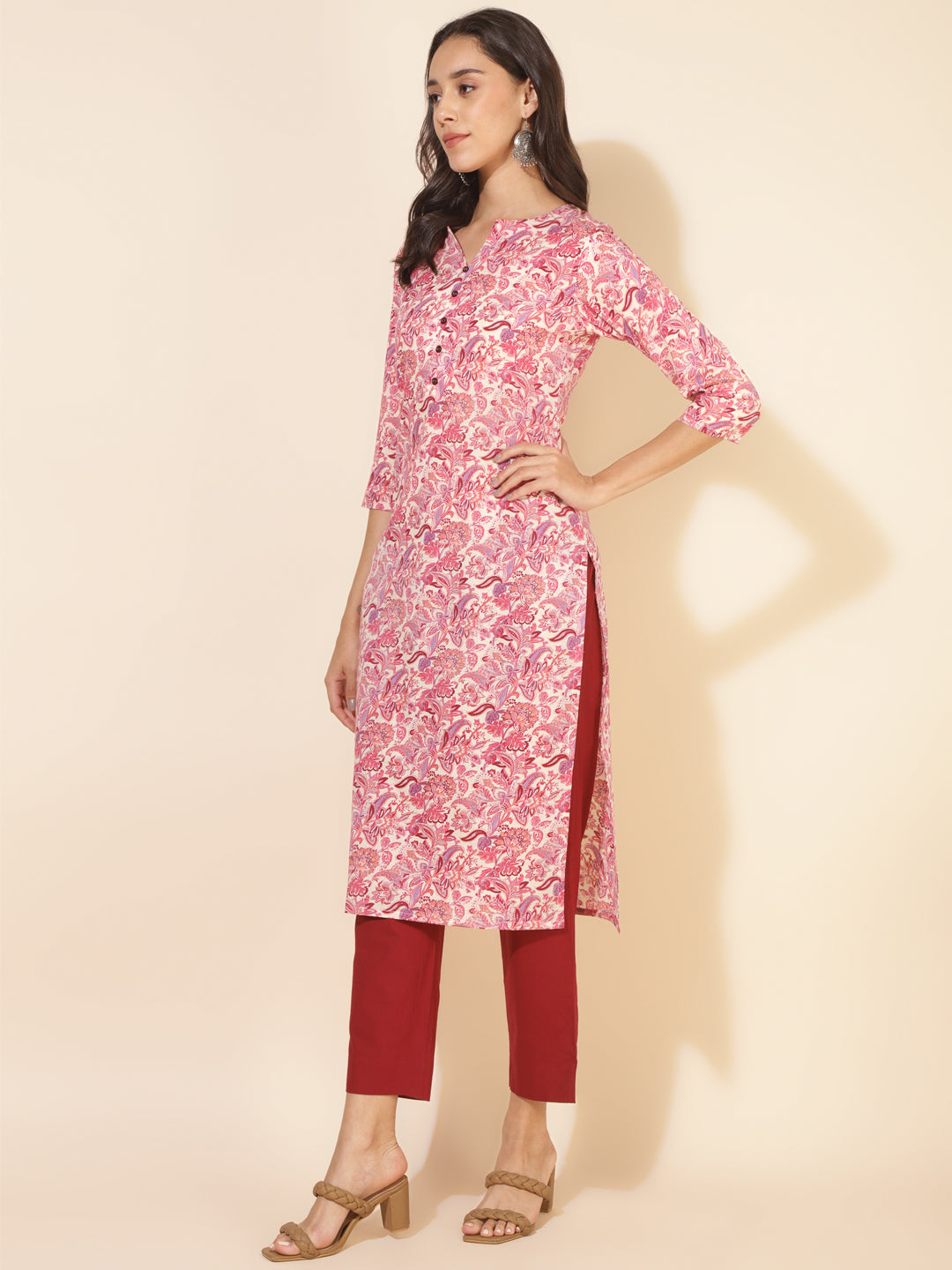 Cream Cotton Floral Regular Kurta