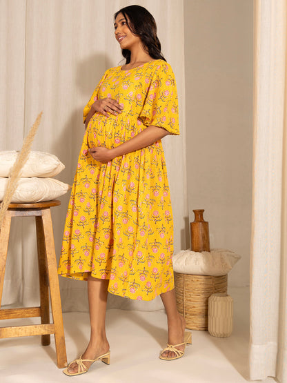Yellow Cotton Floral Fit & Flare Maternity Dress
