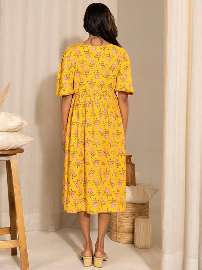 Yellow Cotton Floral Fit & Flare Maternity Dress