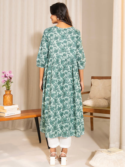 Sage Green Cotton Floral Printed A-Line Maternity Kurta