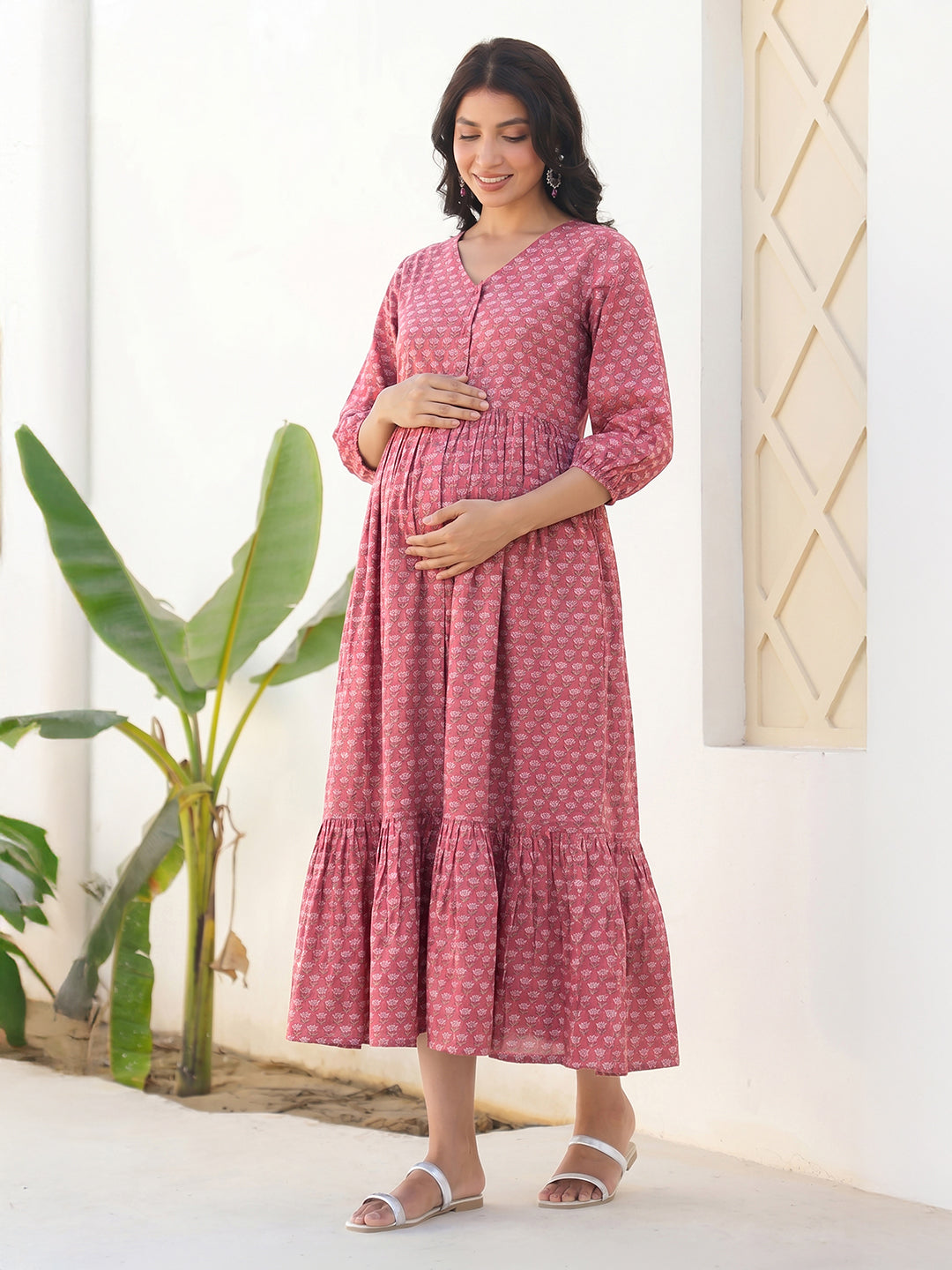 Janasya Women's Pink Pure Cotton Floral Printed Tiered Maternity Dress