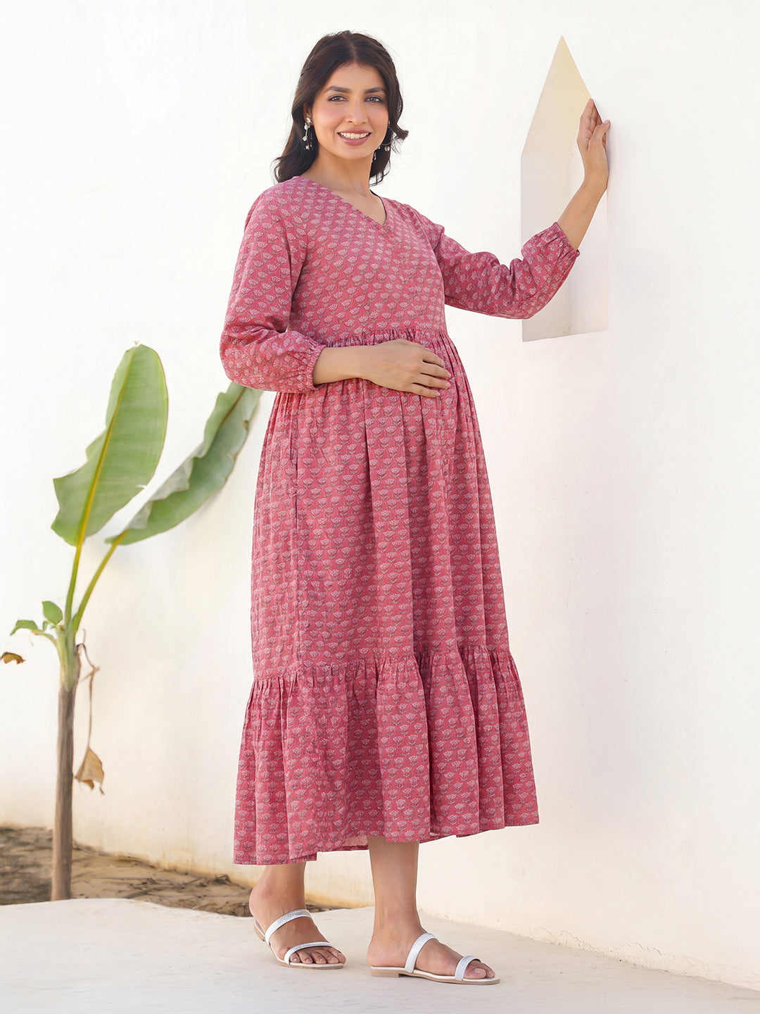 Janasya Women's Pink Pure Cotton Floral Printed Tiered Maternity Dress