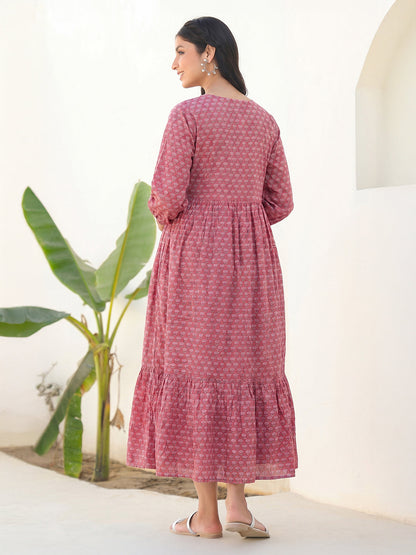 Janasya Women's Pink Pure Cotton Floral Printed Tiered Maternity Dress