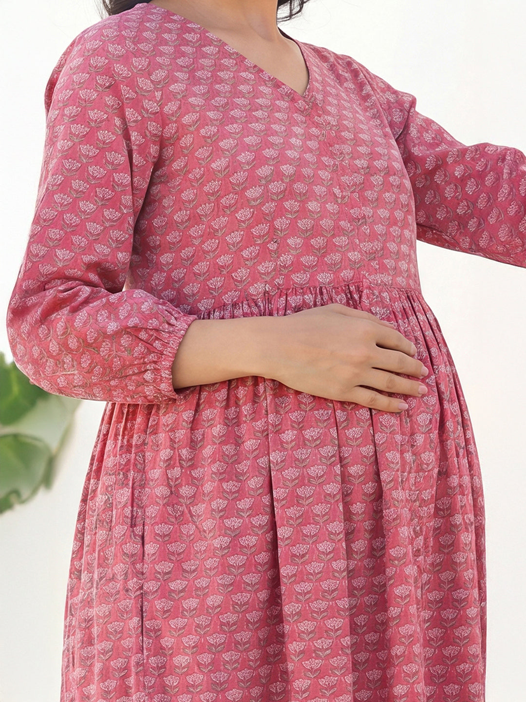 Janasya Women's Pink Pure Cotton Floral Printed Tiered Maternity Dress