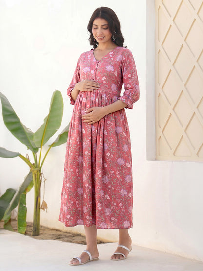 Janasya Women's Pink Pure Cotton Floral Printed A-Line Maternity Dress