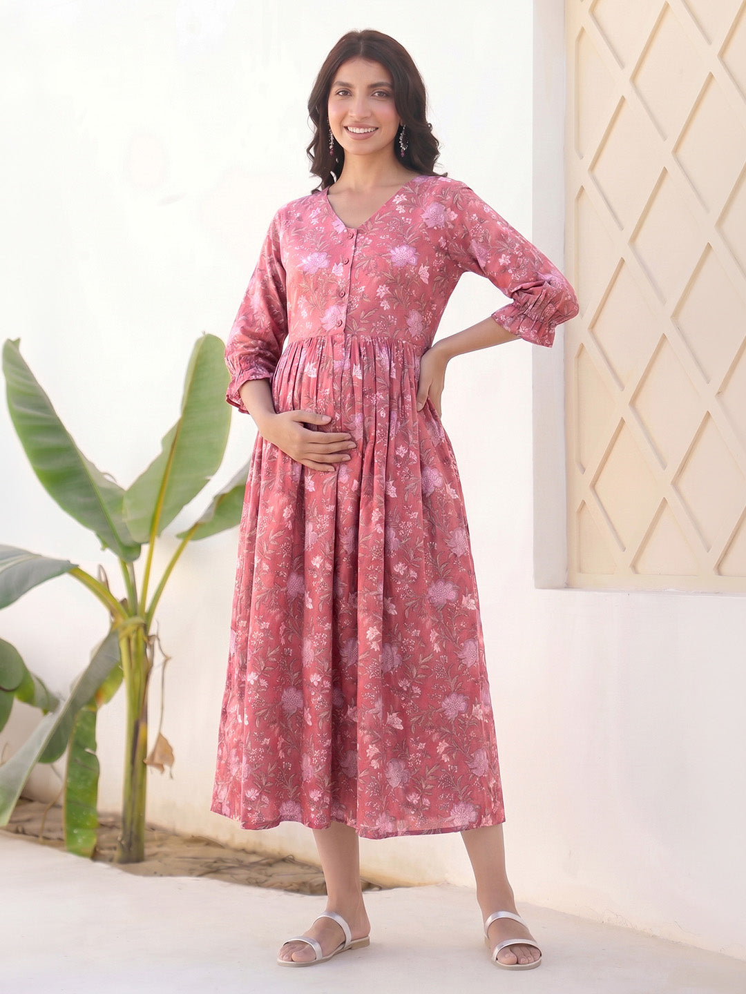 Janasya Women's Pink Pure Cotton Floral Printed A-Line Maternity Dress