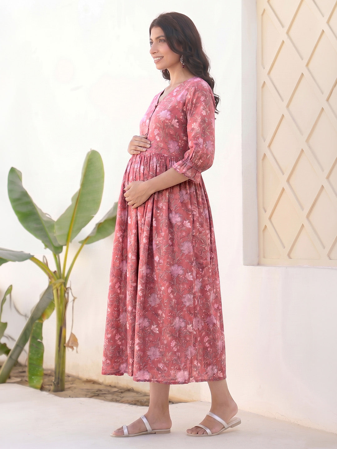Janasya Women's Pink Pure Cotton Floral Printed A-Line Maternity Dress