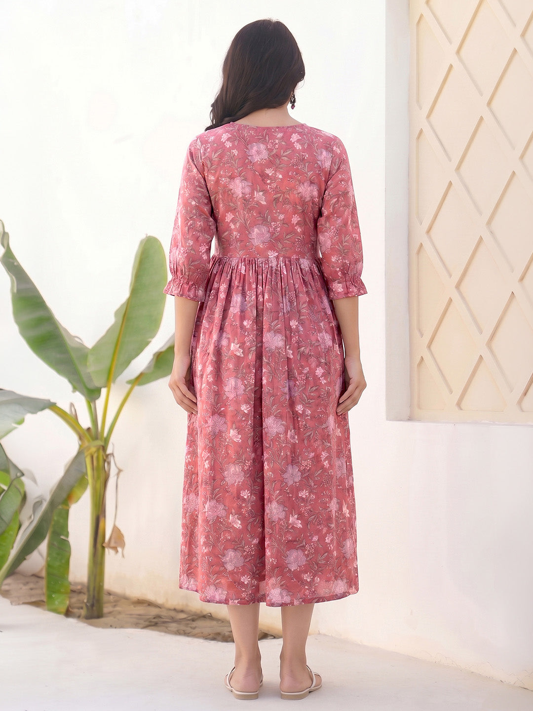 Janasya Women's Pink Pure Cotton Floral Printed A-Line Maternity Dress