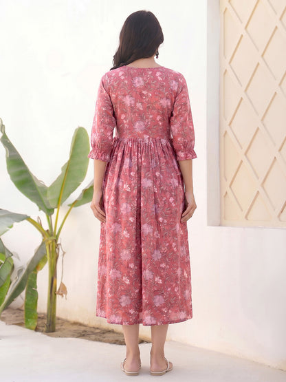 Janasya Women's Pink Pure Cotton Floral Printed A-Line Maternity Dress