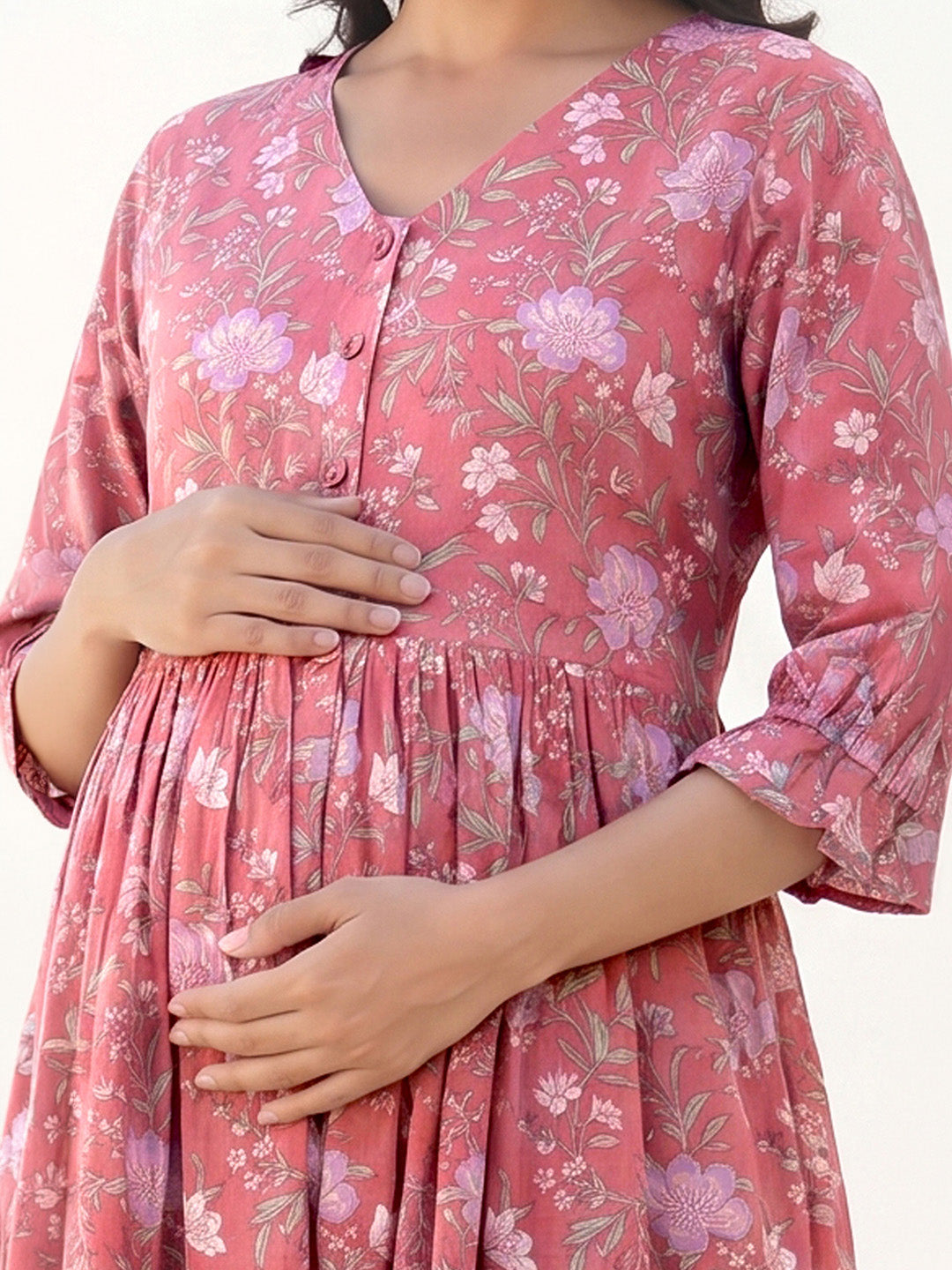 Janasya Women's Pink Pure Cotton Floral Printed A-Line Maternity Dress