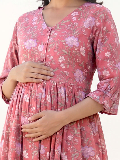 Janasya Women's Pink Pure Cotton Floral Printed A-Line Maternity Dress