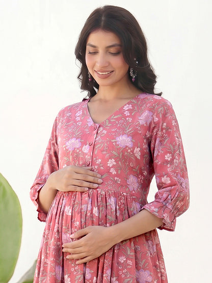 Janasya Women's Pink Pure Cotton Floral Printed A-Line Maternity Dress