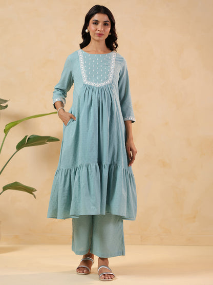 Janasya Women's Light Blue Dobby Pure Cotton Yoke Embroidered A-line Maternity Kurta Pant Set