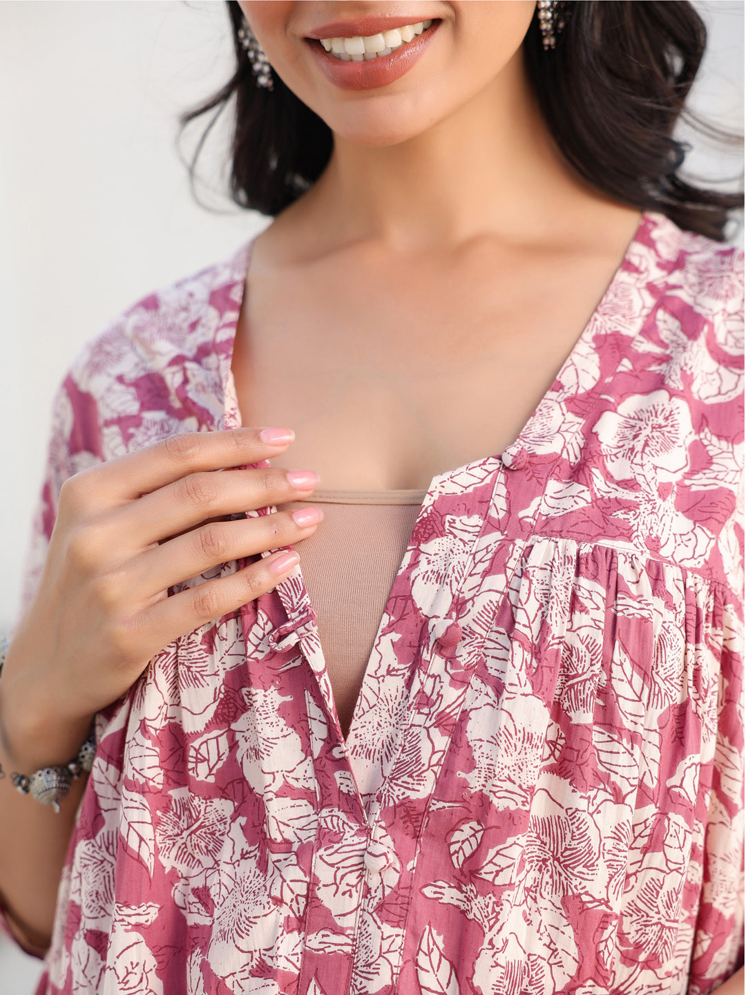 Mauve Pure Cotton Floral Printed Gathered Maternity Kurta