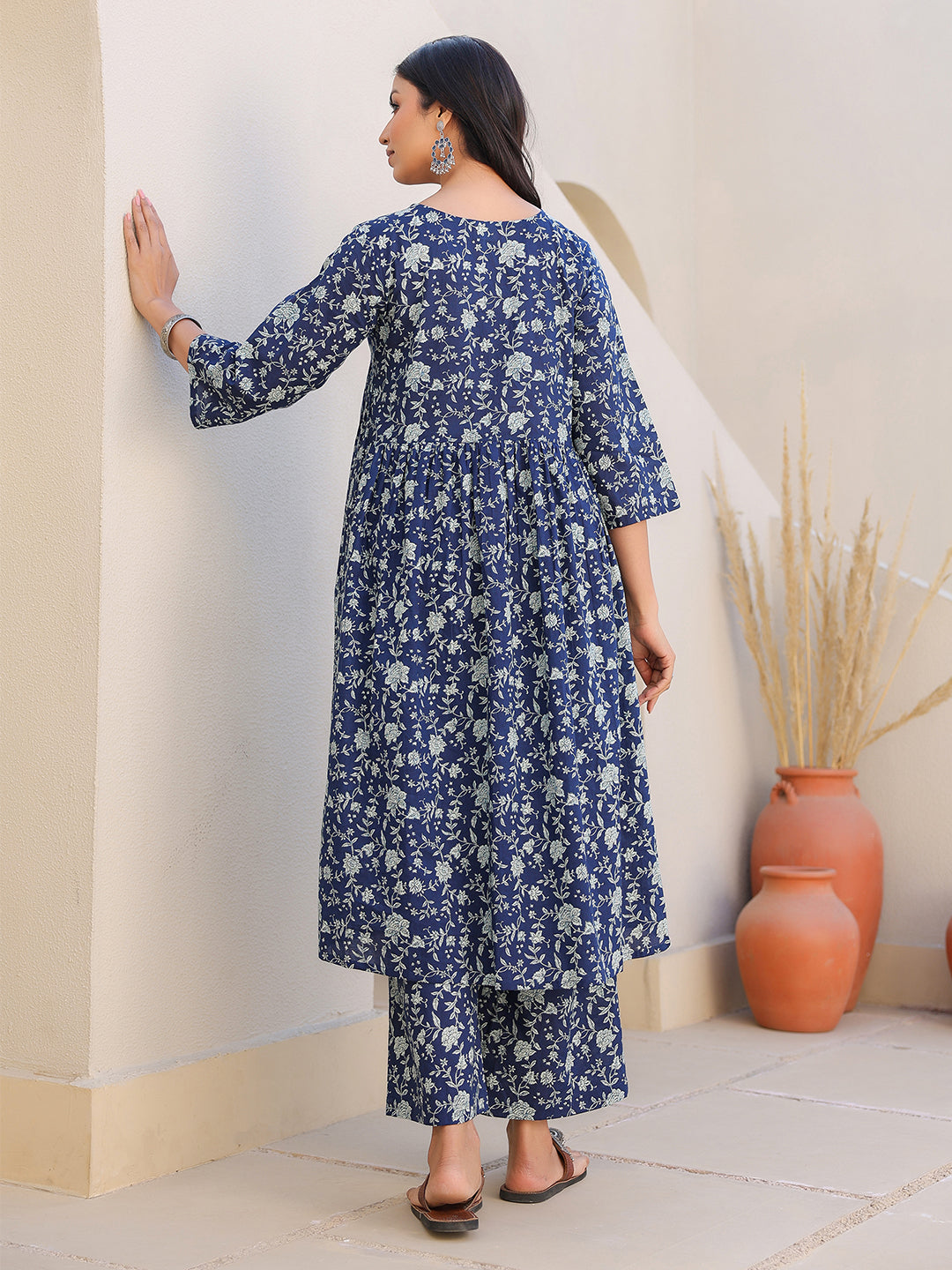 Indigo Pure Cotton Floral Printed Gathered Maternity Kurta Set