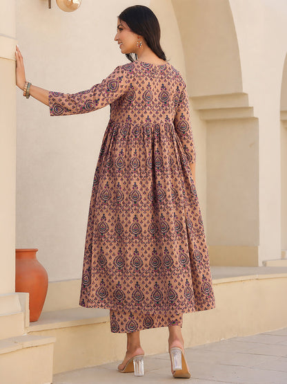 Janasya Women's light Brown Pure Cotton Ethnic Motifs Printed A-Line Maternity Kurta with Pant Set