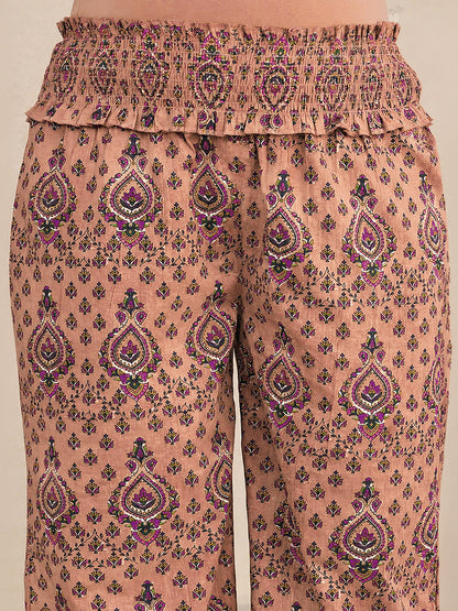 Janasya Women's light Brown Pure Cotton Ethnic Motifs Printed A-Line Maternity Kurta with Pant Set