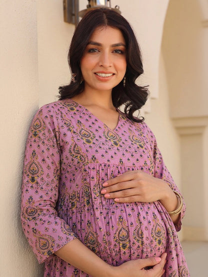 Janasya Women's Lavender Pure Cotton Ethnic Motifs Printed A-Line Maternity Kurta with Pant Set