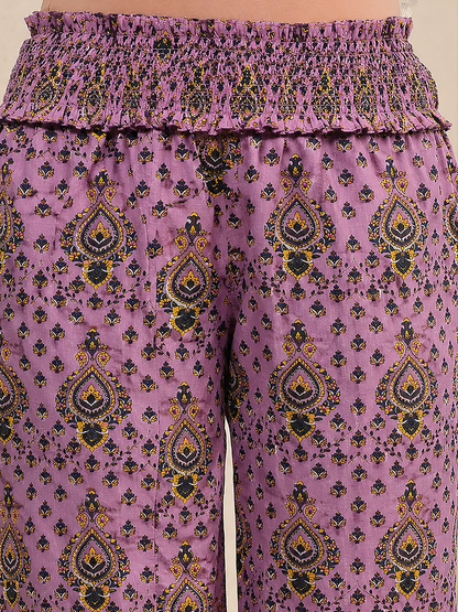 Janasya Women's Lavender Pure Cotton Ethnic Motifs Printed A-Line Maternity Kurta with Pant Set