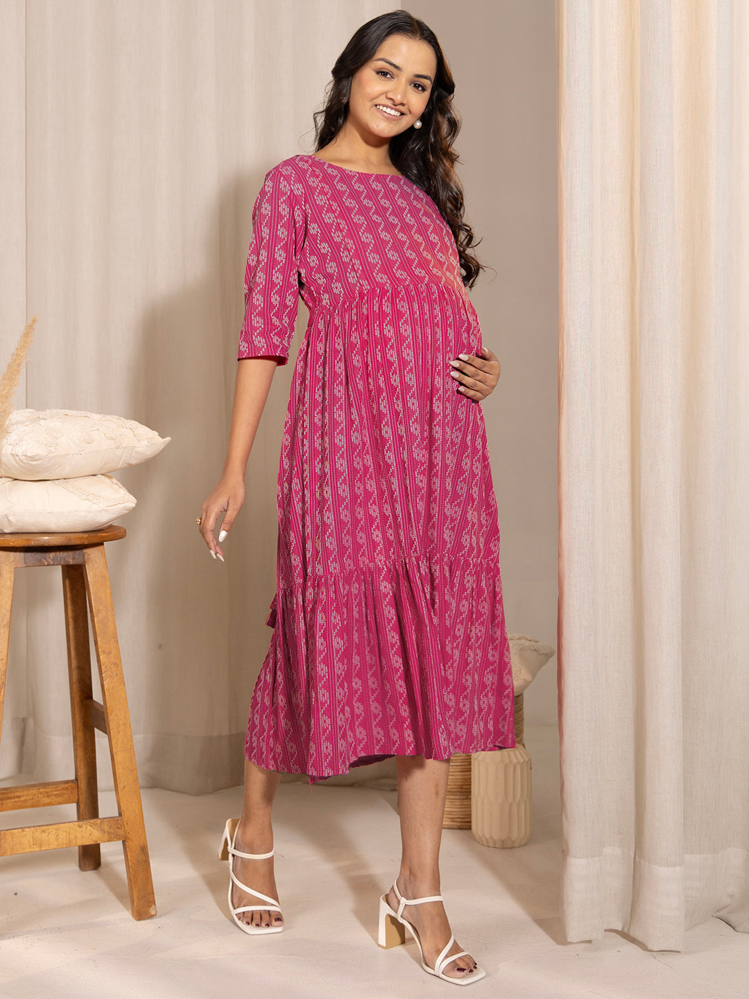 Pink Cotton Woven Design Tiered Maternity Dress