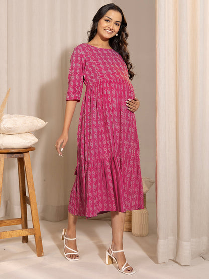 Pink Cotton Woven Design Tiered Maternity Dress