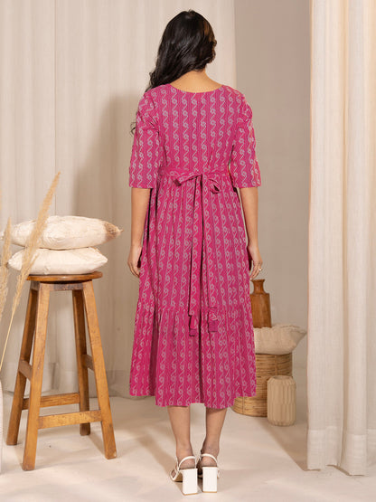 Pink Cotton Woven Design Tiered Maternity Dress