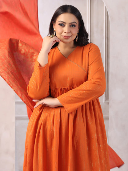 Plus Size Rust Orange Pure Cotton Striped Kurta with Pant and Dupatta
