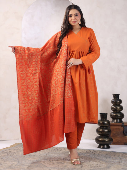 Plus Size Rust Orange Pure Cotton Striped Kurta with Pant and Dupatta