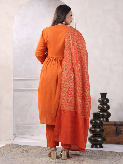 Plus Size Rust Orange Pure Cotton Striped Kurta with Pant and Dupatta