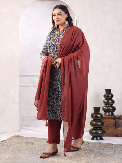 Plus Size Teal Blue Pure Cotton Floral Print Kurta with Pant and Dupatta