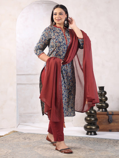 Plus Size Teal Blue Pure Cotton Floral Print Kurta with Pant and Dupatta