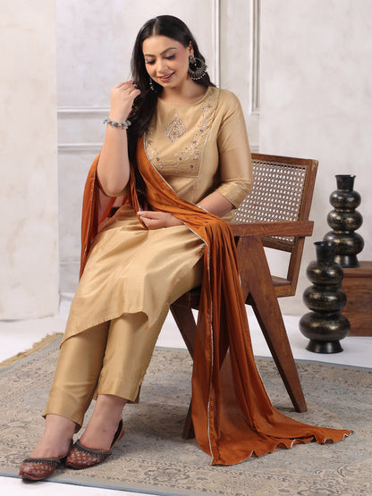 Plus Size Beige Silk Blend Yoke Embroidery Kurta with Pant and Dupatta