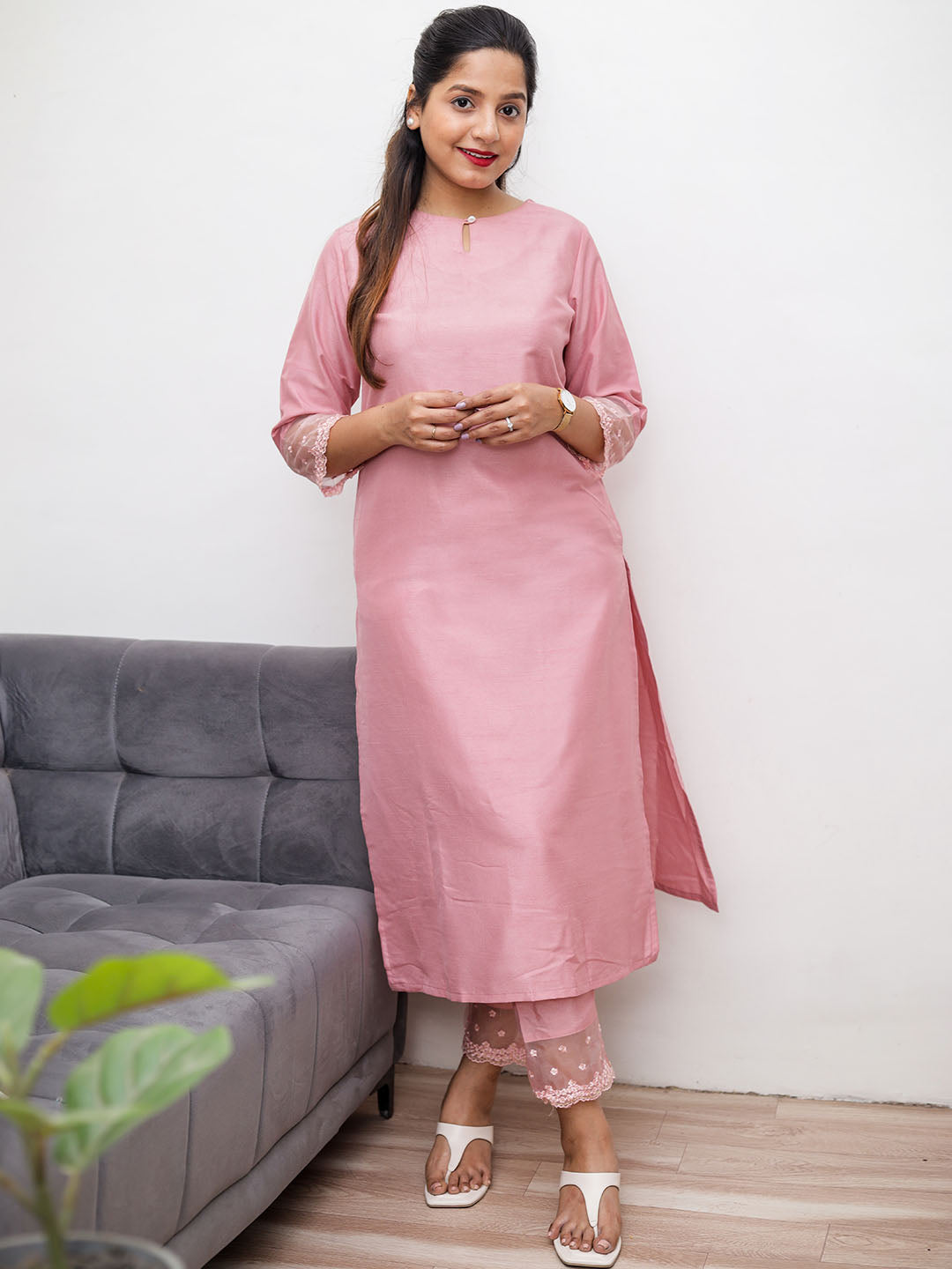 Pink Poly Silk Solid Kurta with Pant Janasya