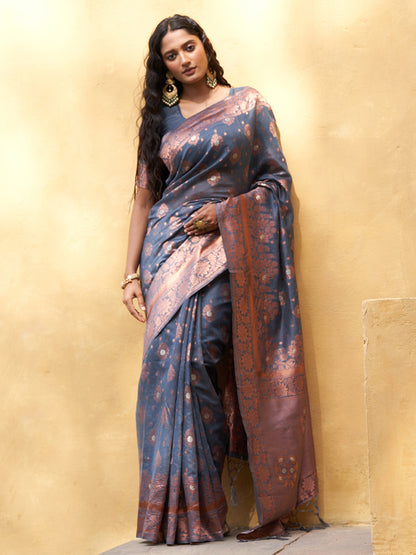 Dark Grey Chanderi Silk Ethnic Motifs Saree with Unstitched Blouse Piece