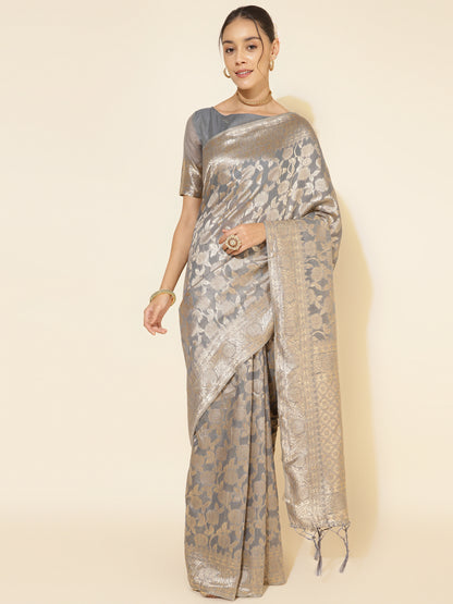 Grey Chanderi Silk Floral Saree with Unstitched Blouse Piece