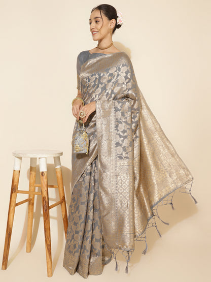 Grey Chanderi Silk Floral Saree with Unstitched Blouse Piece