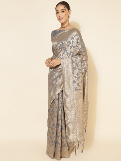 Grey Chanderi Silk Floral Saree with Unstitched Blouse Piece