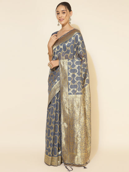 Grey Chanderi Silk Geometric Design Saree with Unstitched Blouse Piece