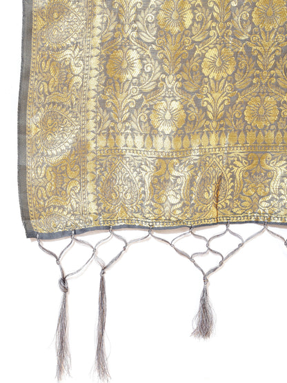 Grey Chanderi Silk Geometric Design Saree with Unstitched Blouse Piece