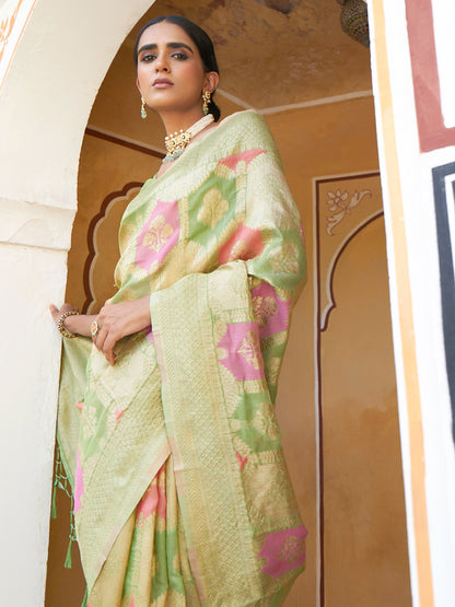 Light Green Chanderi Silk Ethnic Motifs Saree with Unstitched Blouse Piece