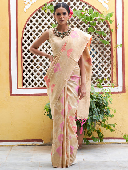 Cream Chanderi Silk Ethnic Motifs Saree with Unstitched Blouse Piece
