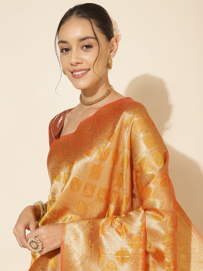 Yellow Organza Woven Ethnic Motifs Saree with Unstitched Blouse Piece