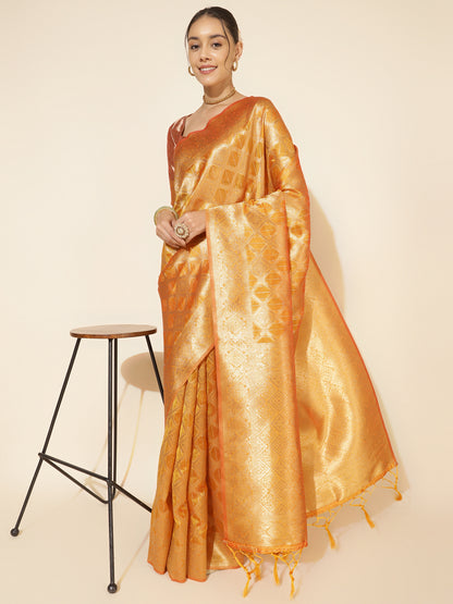Yellow Organza Woven Ethnic Motifs Saree with Unstitched Blouse Piece