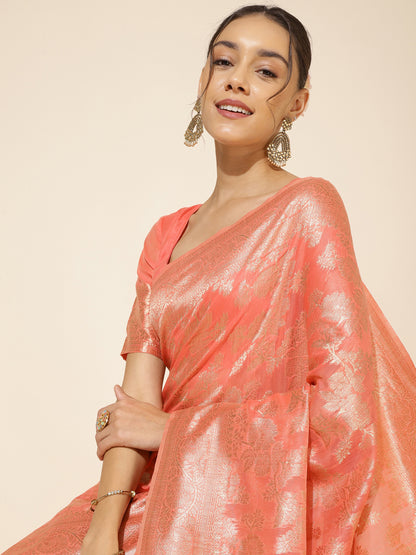 Peach Chanderi Silk Floral Saree with Unstitched Blouse Piece